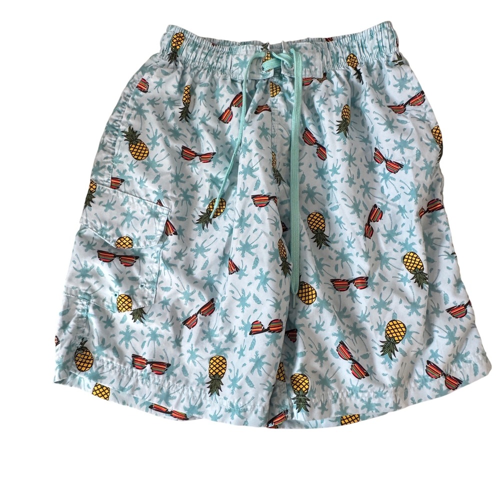 Rainforest‎ Cafe Mens Small Swim Trunks Blue Pineapple Tropical Cargo Shorts S